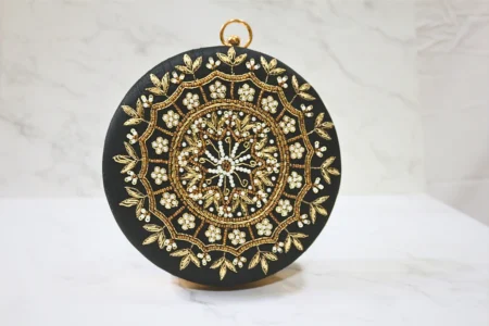 Black Round embroidered clutch