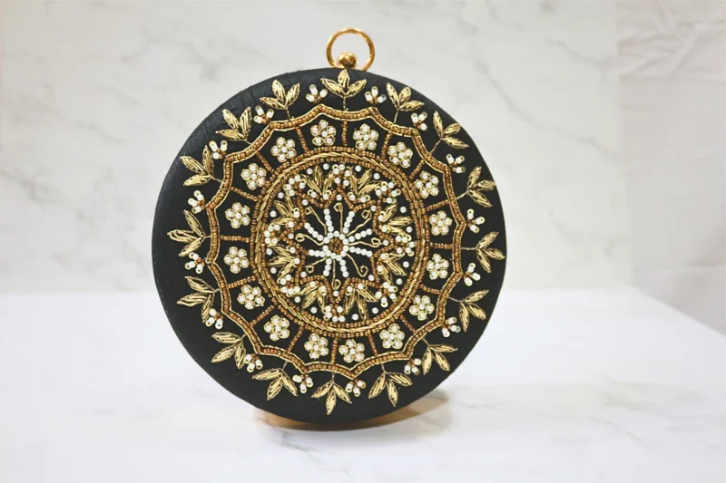 Black Round embroidered clutch