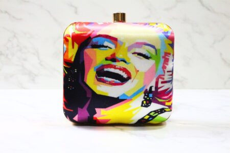 Square printed quirky clutch (face)